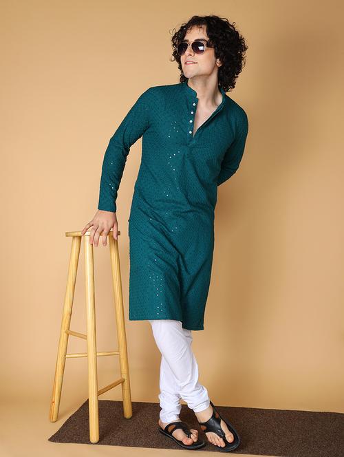 namaskar rayon cotton full sleeve chikankari self design knee length light green kurta set for men - 20011707 - Very Small Image - 1