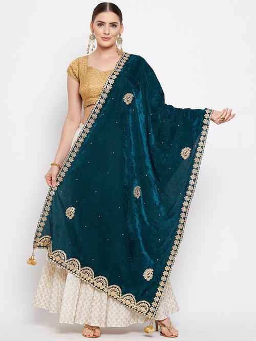 teal blue embroidered dupatta - 20012120 - Very Small Image - 1
