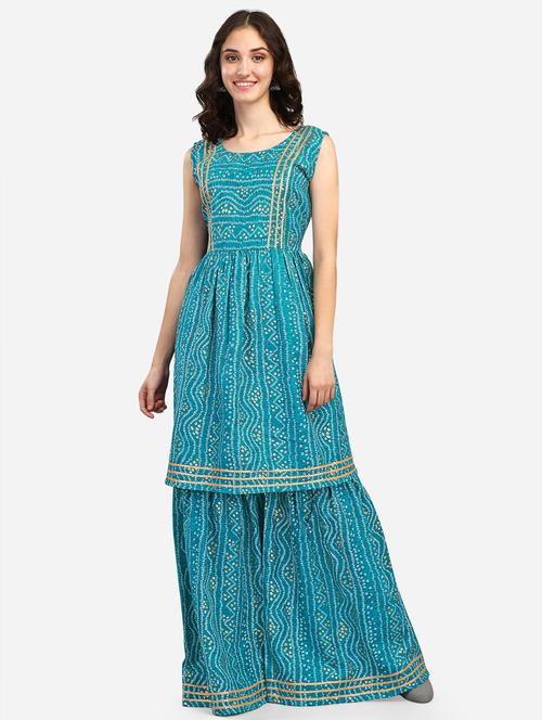 teal cotton blend kurta sharara set - 20013640 - Very Small Image - 1