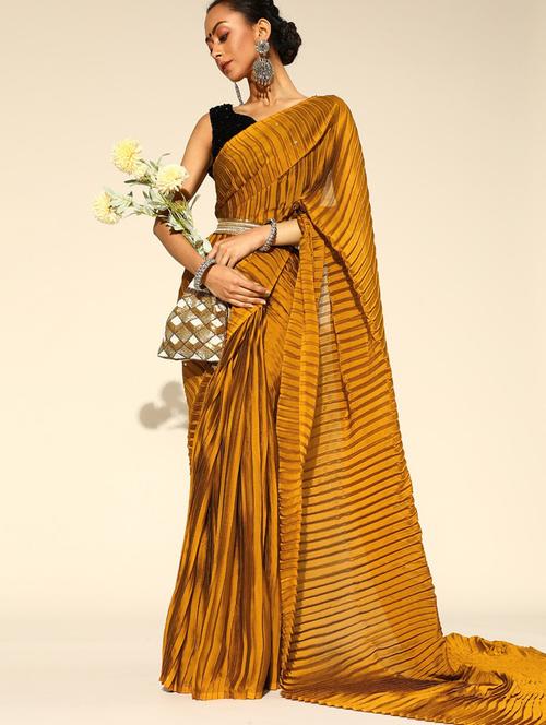 gold plain saree with blouse - 20014579 - Very Small Image - 1