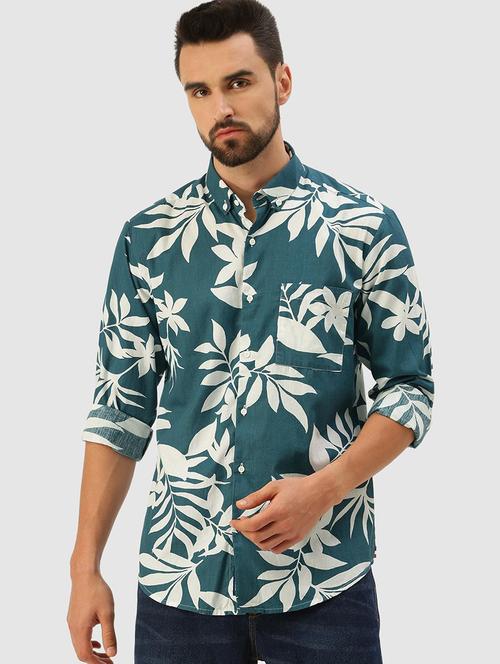 teal printed cotton casual shirt - 20015876 - Very Small Image - 1