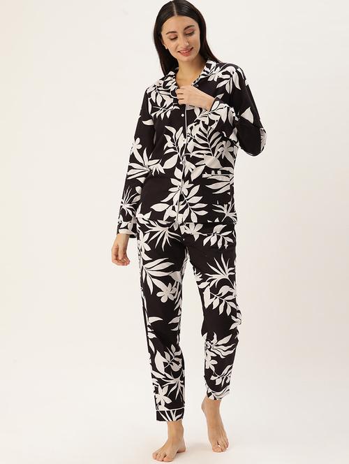 lapel neck printed nightwear pyjama set - 20015902 - Very Small Image - 1