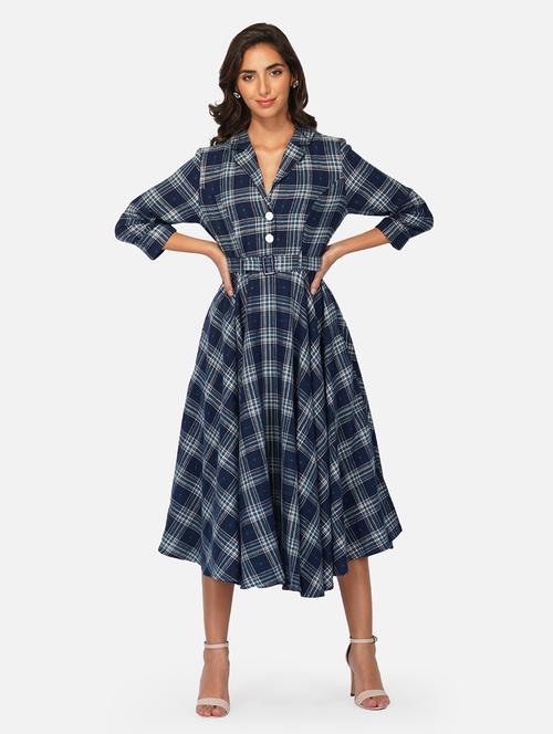 lapel neck checkered fit & flare midi dress - 20017614 - Very Small Image - 1