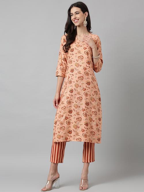 peach printed kurta pant set - 20017698 - Very Small Image - 1