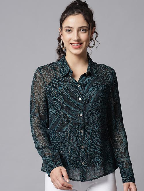 green printed georgette shirt - 20017956 - Very Small Image - 1