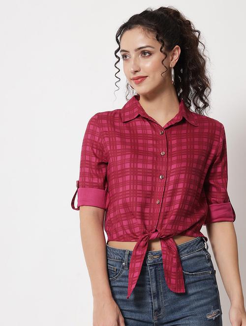 maroon checkered front knotted crop shirt - 20017961 - Very Small Image - 1