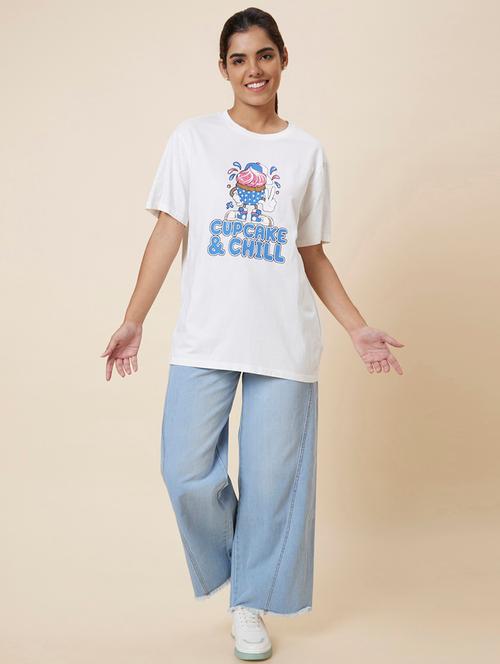 women's chest print round neck t-shirt - 20018005 - Very Small Image - 1
