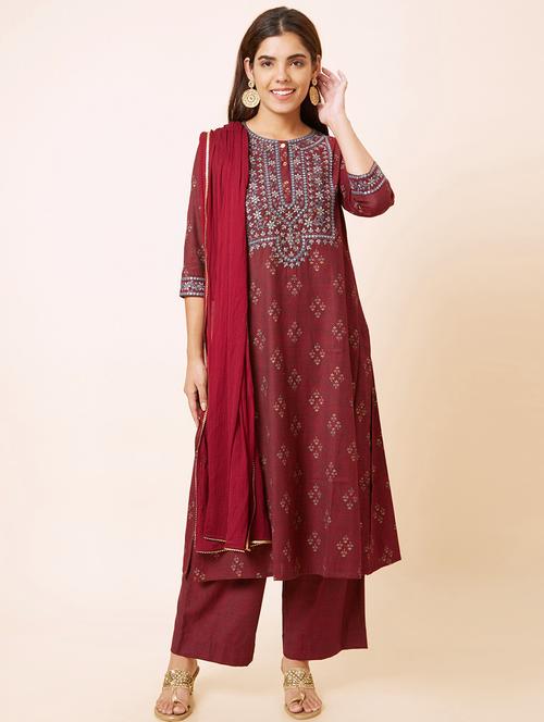 maroon kurta palazzo set with dupatta - 20018026 - Very Small Image - 1