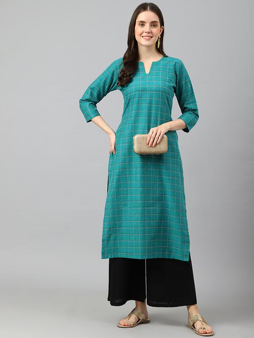 turquoise cotton blend straight kurta - 20018268 - Very Small Image - 1