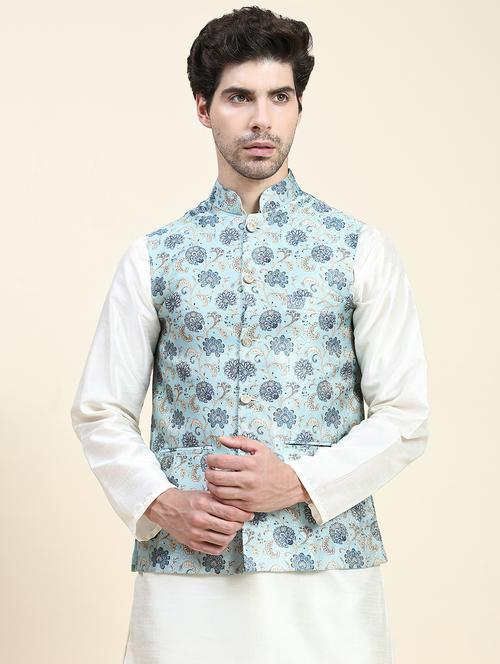 blue polyester nehru jacket - 20018429 - Very Small Image - 1