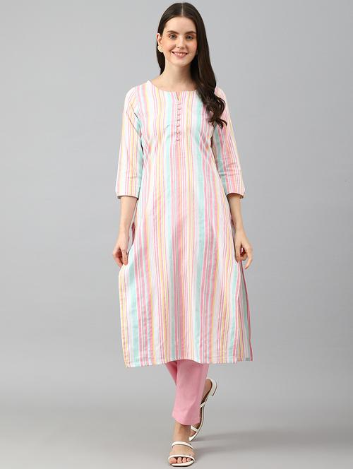 pink cotton blend kurta pant set - 20018497 - Very Small Image - 1