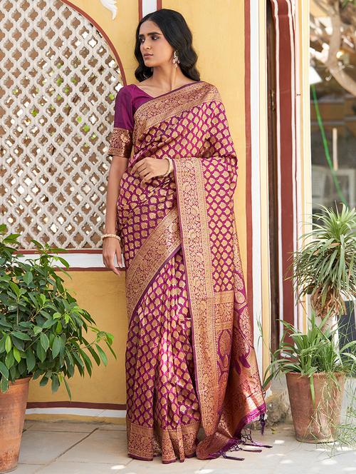 purple silk blend saree with blouse - 20018630 - Very Small Image - 1