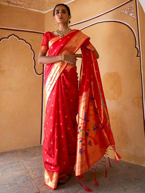 red silk blend paithani saree with blouse - 20018676 - Very Small Image - 1