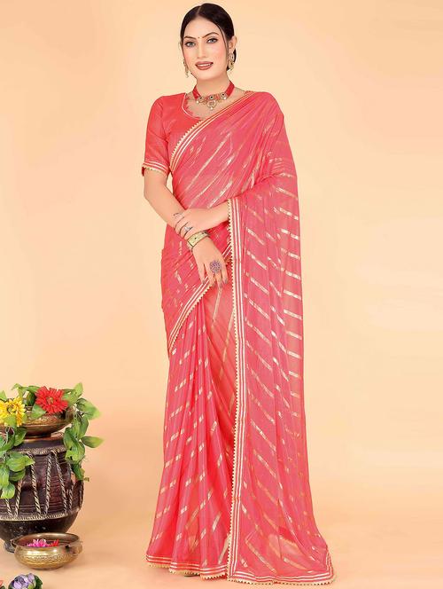 gota work striped bordered saree with blouse - 20019352 - Very Small Image - 1