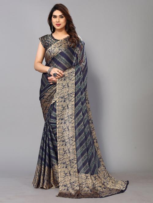 dark blue chiffon printed saree with blouse - 20021521 - Very Small Image - 1