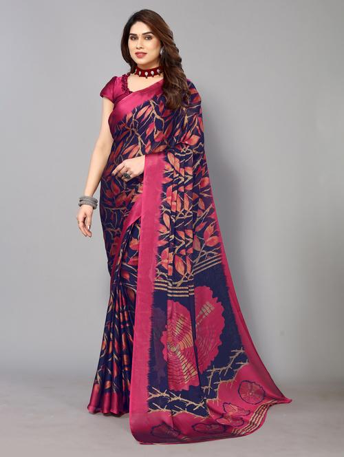 dark blue chiffon printed saree with blouse - 20021526 - Very Small Image - 1