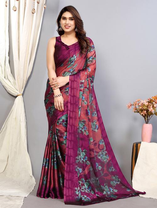 purple chiffon printed saree with blouse - 20021533 - Very Small Image - 1