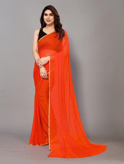 orange chiffon printed saree with blouse - 20021539 - Very Small Image - 1