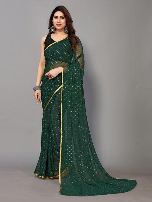 dark green chiffon printed saree with blouse - 20021544 - Very Small Image - 1