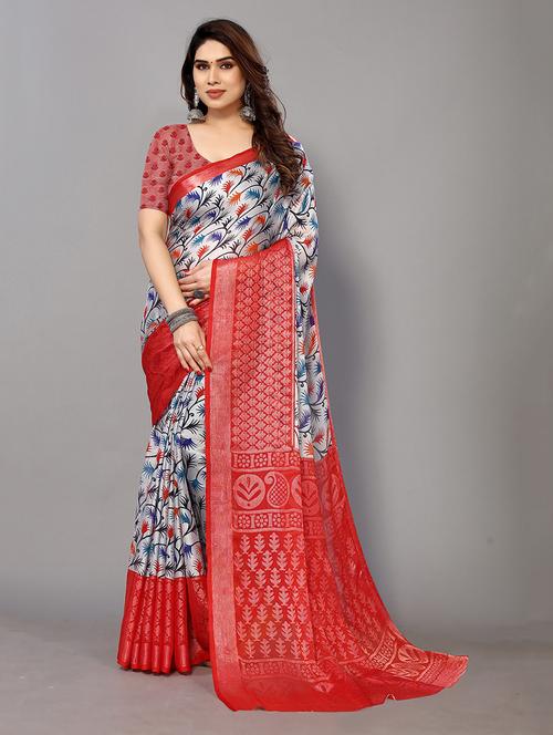 red chiffon printed saree with blouse - 20021551 - Very Small Image - 1