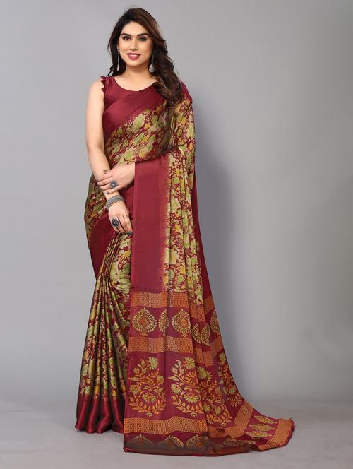 maroon chiffon printed saree with blouse - 20021562 - Very Small Image - 1