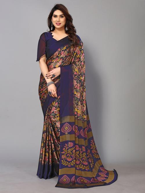dark blue chiffon printed saree with blouse - 20021564 - Very Small Image - 1