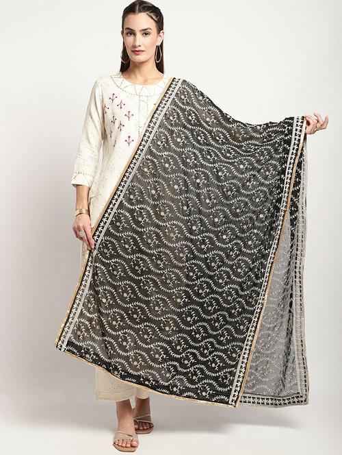 black floral embroidered dupatta - 20022414 - Very Small Image - 1