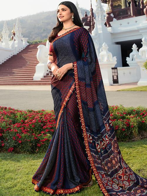 navy blue printed bordered saree with blouse - 20022650 - Very Small Image - 1