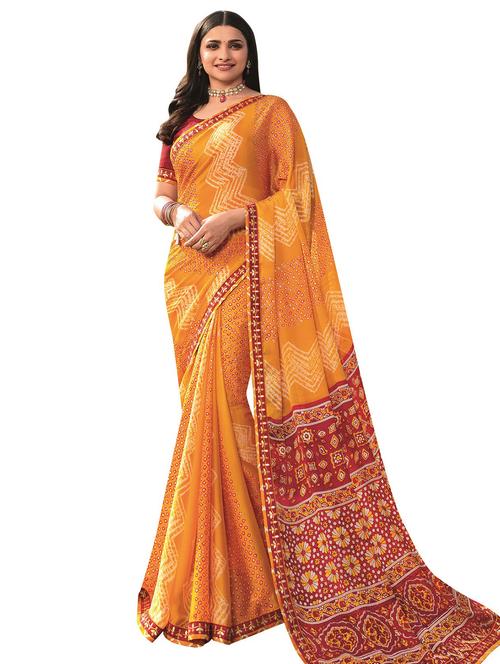 women's bordered mustard colored saree with blouse - 20022656 - Very Small Image - 1