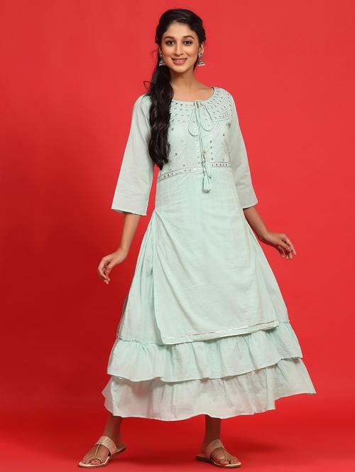 juniper women's sage green cotton embroidered layered dress - 20023413 - Very Small Image - 1