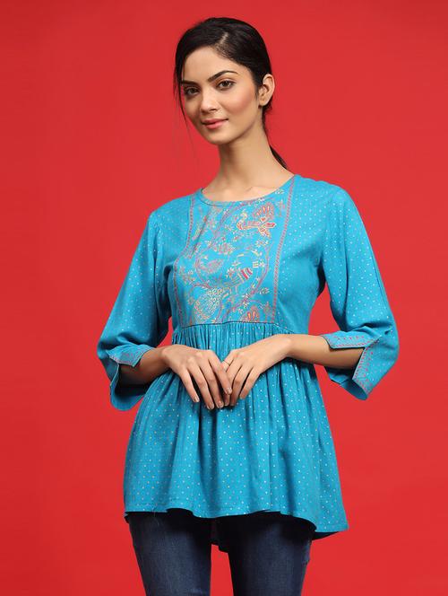 juniper women sky blue rayon slub printed peplum tunic - 20023451 - Very Small Image - 1