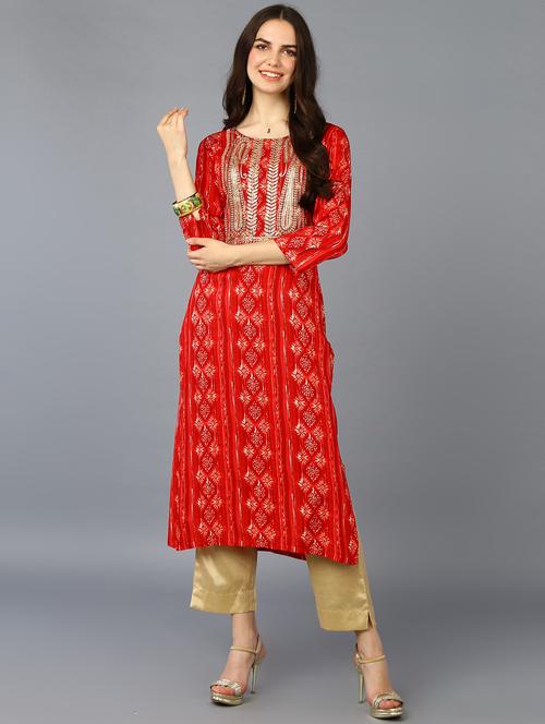 red viscose straight kurta - 20025489 - Very Small Image - 1