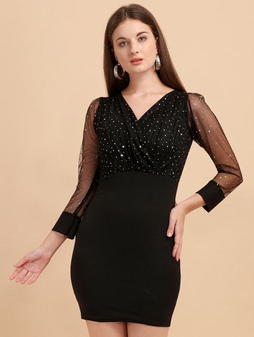 v-neck self design bodycon dress - 20026002 - Very Small Image - 1