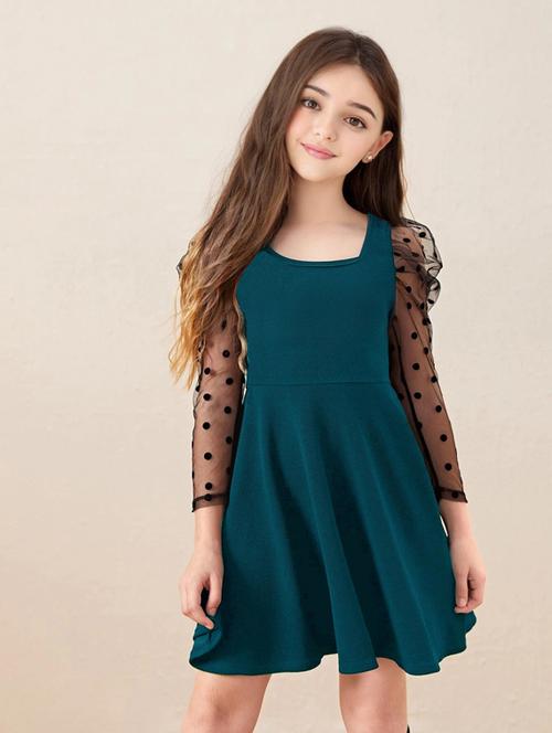 girls round neck long sleeves frock - 20026031 - Very Small Image - 1