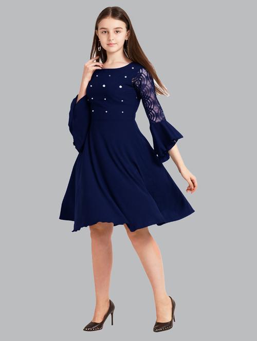 girls round neck three quarter sleeves frock - 20026037 - Very Small Image - 1