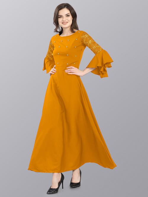 yellow crepe aline dress - 20026089 - Very Small Image - 1