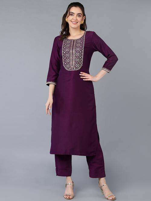 burgundy silk blend kurta pant set - 20026383 - Very Small Image - 1