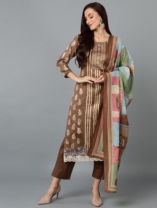 brown kurta pant set with dupatta - 20026412 - Very Small Image - 1