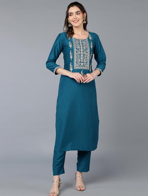 teal silk blend kurta pant set - 20026425 - Very Small Image - 1