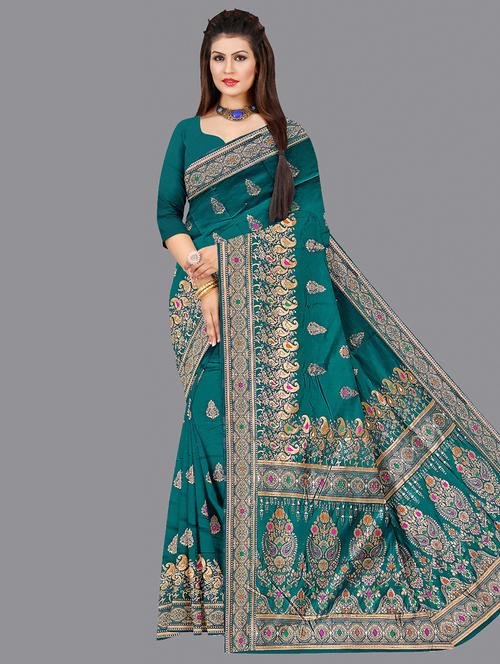 teal green banarasi saree with blouse - 20026648 - Very Small Image - 1