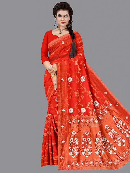 red silk banarasi saree with blouse - 20026666 - Very Small Image - 1