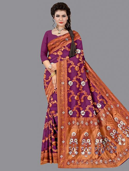 purple silk banarasi saree with blouse - 20026669 - Very Small Image - 1