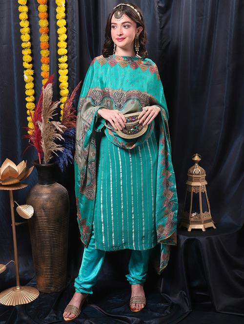turquoise printed unstitched suits - 20027680 - Very Small Image - 1