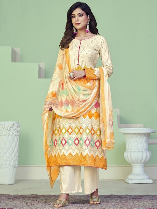 cream round neck unstitched suits - 20027690 - Very Small Image - 1