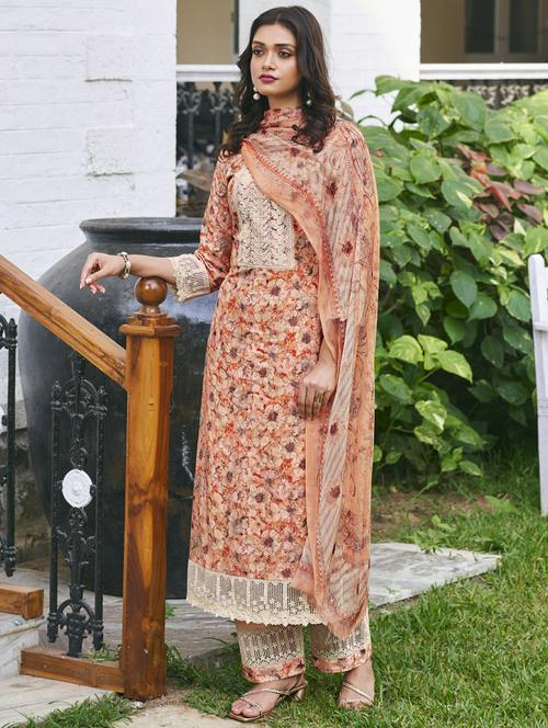 peach floral printed unstitched suits - 20027691 - Very Small Image - 1