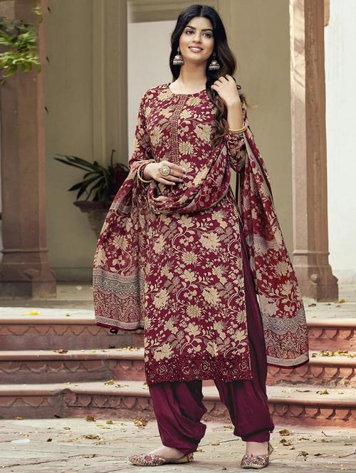 magenta round neck unstitched suits - 20027709 - Very Small Image - 1