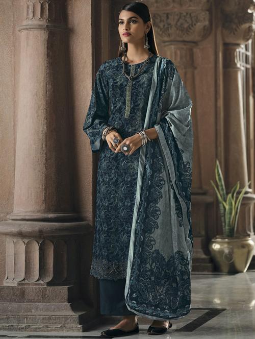 blue round neck unstitched suits - 20027716 - Very Small Image - 1