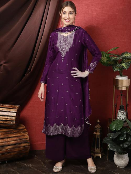 purple v- neck unstitched suits - 20027733 - Very Small Image - 1