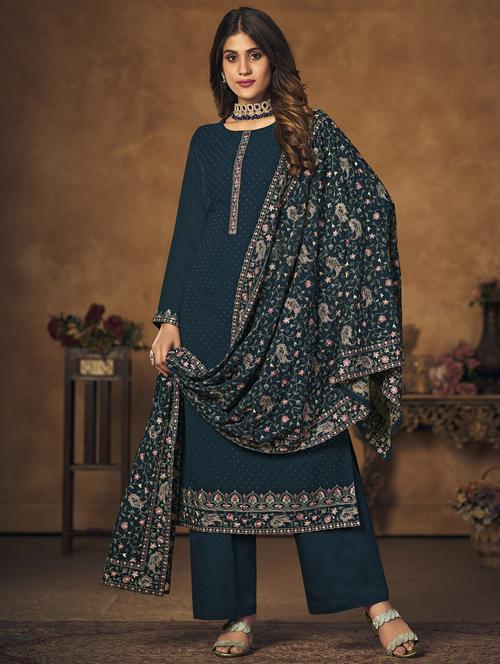 teal round neck unstitched suits - 20027737 - Very Small Image - 1