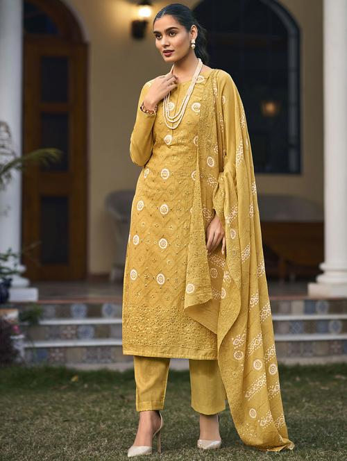 yellow embroidered unstitched suits - 20027740 - Very Small Image - 1